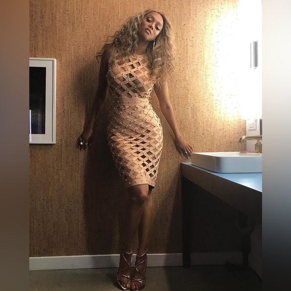 House of CB Felina Nude Cage Midi Bodycon Dress in Beige - size XS - Picture 2 of 9